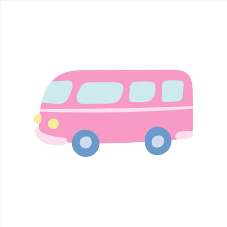 Pink travel bus on white background. Vector illustration in flat style.のイラスト素材