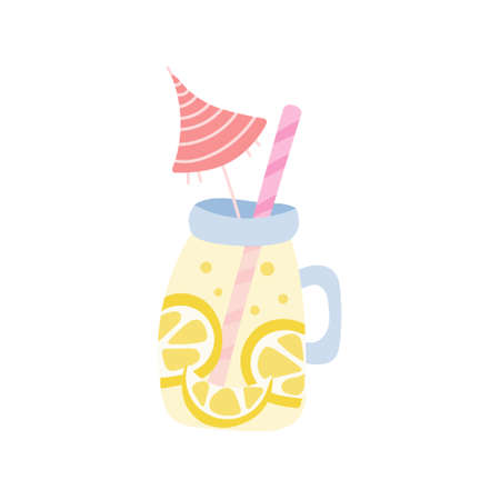 Lemonade in a jar with a straw and an umbrella on a white background. Vector illustration, icon.のイラスト素材