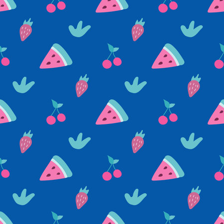 A slice of watermelon, cherry and strawberry on a dark blue background. Vector seamless pattern in...