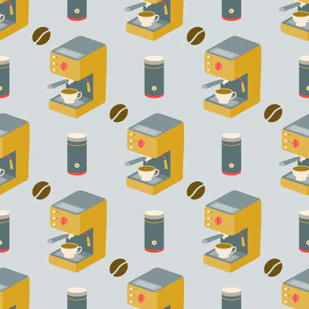 Coffee machine with a cup of coffee, coffee grinder and coffee beans on a light background. Vector seamless pattern in a flat style.のイラスト素材