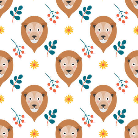 The face of a cute lion with flowers and plants on a white background. Vector seamless pattern in a flat style.のイラスト素材