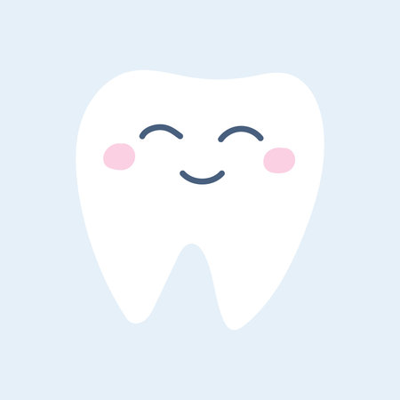 Cute smiling healthy white tooth on blue background. Vector image in a flat style, icon
