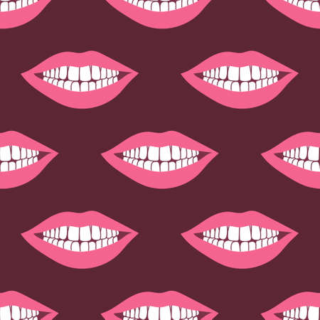 A womans smile with teeth, pink bright lips on a dark background. Vector seamless pattern in flat styleのイラスト素材