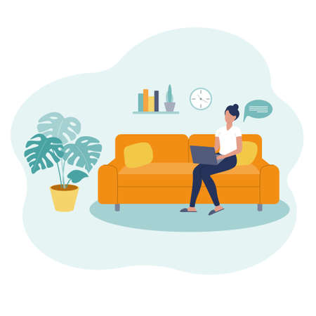 A girl with a laptop is sitting on the couch in the living room. Work remotely from home. Vector illustration in a flat style. Freelance or studying conceptのイラスト素材