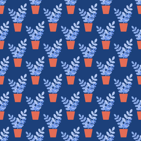 Potted houseplant on a blue background. Vector seamless pattern in flat styleのイラスト素材