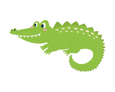 Cute funny green crocodile on white background. Vector image in a flat style. Decor for childrens posters, postcards, clothing and interiorのイラスト素材