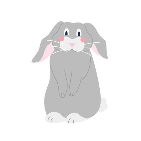 Cute funny grey rabbit on white background. Vector image in cartoon flat style. Decor for childrens posters, postcards, clothing and interior decorationのイラスト素材