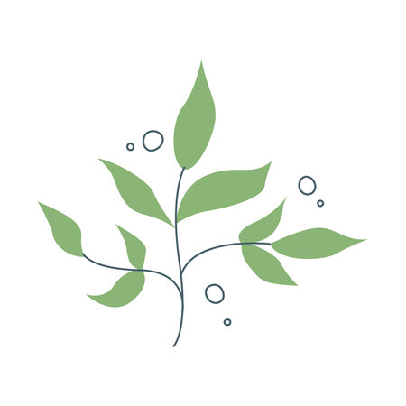 A beautiful cute plant with green leaves and decorative elements. Vector image in a flat style. Floral decor for invitations, postcards, stickersのイラスト素材