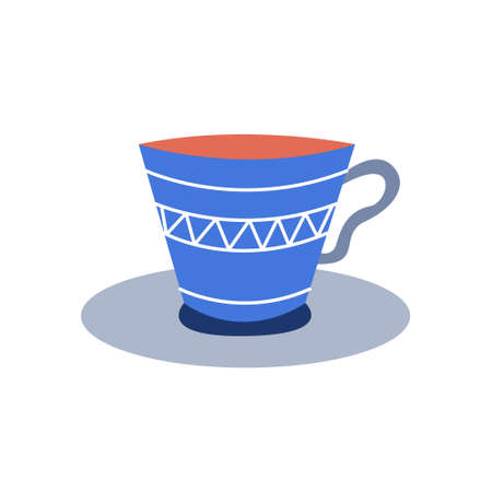 A blue cup on a saucer with coffee or tea on a white background. Vector flat image. Decor for postcards, stickersのイラスト素材