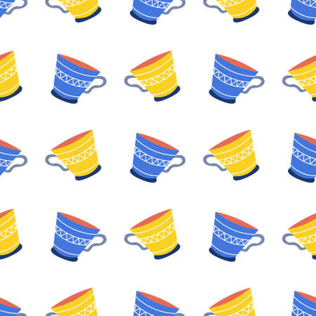 The cups are blue and yellow on a white background. Vector seamless pattern, wallpaperのイラスト素材