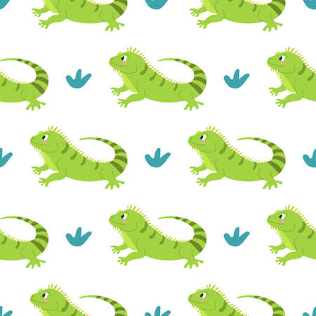 Cute funny iguana on a white background. Vector seamless pattern in cartoon flat style. Decor for childrens posters, postcards, clothing and interiorのイラスト素材