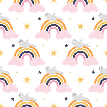 Cute funny seal is lying on the rainbow. Vector seamless pattern on a white background. Wallpaper, packaging paper design, fabrics, children's print.のイラスト素材