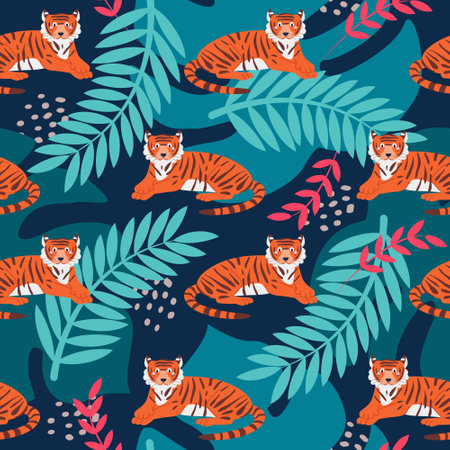 Tiger among tropical plants, a bright vector seamless pattern in a cartoon flat style. Wallpaper, packaging paper, fabric, postcard design.のイラスト素材