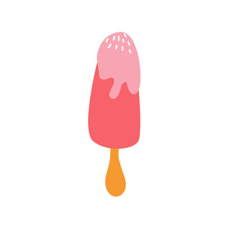 Pink berry ice cream with icing on a stick. Vector flat image. Decorative element for posters, postcards, stickersのイラスト素材