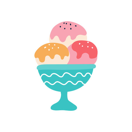 Ice cream balls with frosting in a creamer. Vector flat image. Decorative element for posters,...