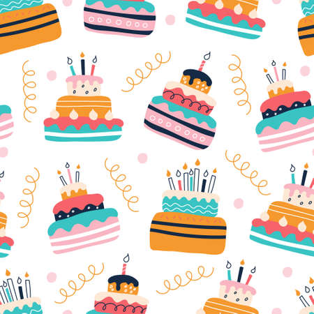 A set of bright colorful cakes on a white background in the style of flat doodles. Vector seamless pattern. Wallpaper, packaging paper design, fabricsのイラスト素材