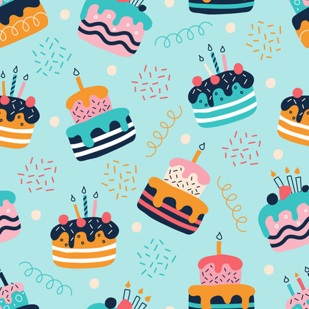 A set of bright colorful cakes in the style of flat doodles. Vector seamless pattern. Wallpaper,...