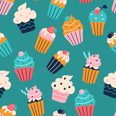 A set of bright colorful cupcakes in the style of flat doodles. Vector seamless pattern. Wallpaper, packaging paper design, fabricsのイラスト素材