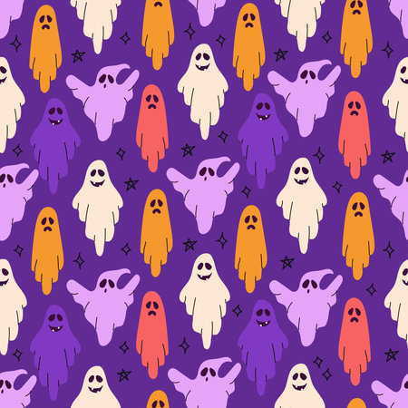 Ghosts for Halloween. Vector seamless pattern on a purple background. Holiday printing on packaging...