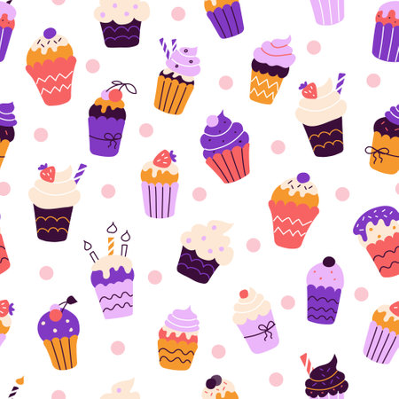 Set of bright colorful cupcakes in the style of flat doodles. Vector seamless pattern. Wallpaper, packaging paper design, fabrics.のイラスト素材