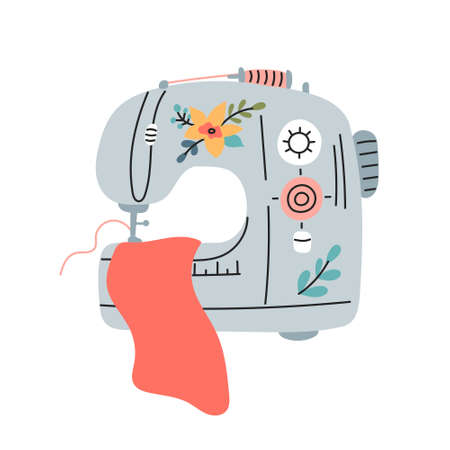 Sewing machine with fabric and thread, vector illustration in a flat cartoon styleのイラスト素材