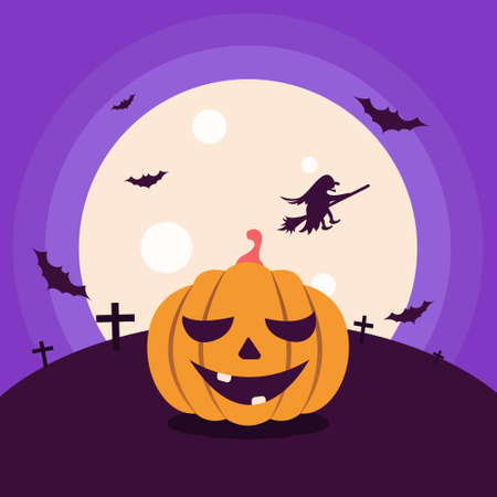 A scary pumpkin on the background of the moon. Bats and a witch in the sky. Vector flat illustration for Halloween. Design of postcards, flyers and postersのイラスト素材