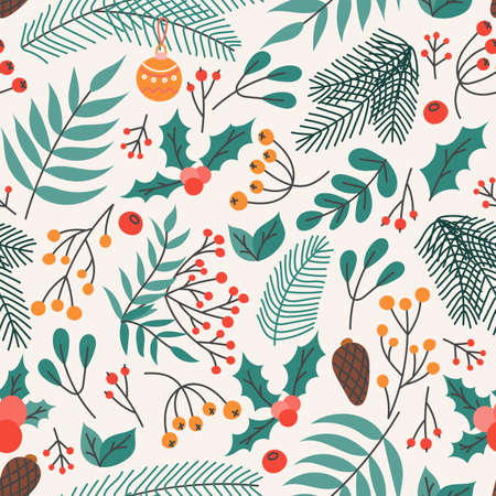 Christmas seamless pattern with berries, twigs and conesのイラスト素材