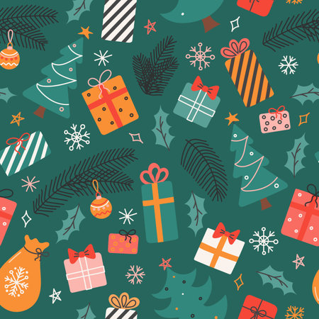 Seamless pattern with Christmas trees, gifts, branches and snowflakes on green background in flat styleのイラスト素材