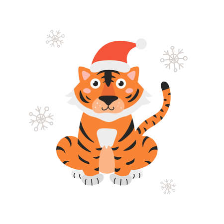 Symbol of the year is tiger in Santa hat on white background with snowflakes. Vector illustration in flat cartoon styleのイラスト素材