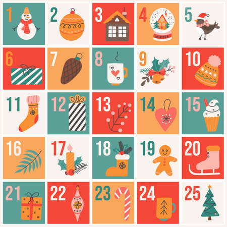 Christmas Advent calendar in flat hand drawn style, festive vector posterのイラスト素材