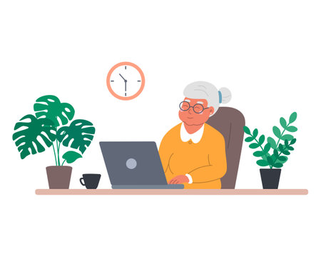 Cute happy grandma with laptop communicates with her family at home, watches videos, studies online courses or makes purchases. Vector illustration in a flat styleのイラスト素材