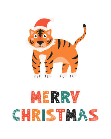 Cute tiger in Santa hat, doodle style inscription Merry Christmas, holiday card, poster, print.のイラスト素材