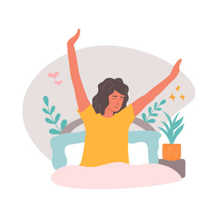 Young woman in bed after sleeping pulls her hands up, good morning, waking up, vector illustration in flat styleのイラスト素材