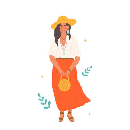 Beautiful girl in boho-style clothes and accessories. Vector illustration in flat styleのイラスト素材