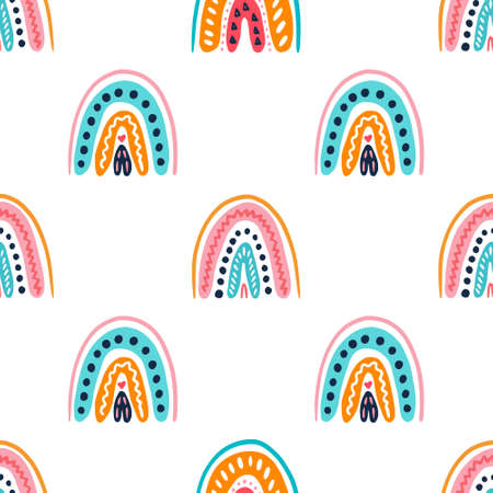 Colorful rainbows in doodle style, vector seamless pattern.のイラスト素材