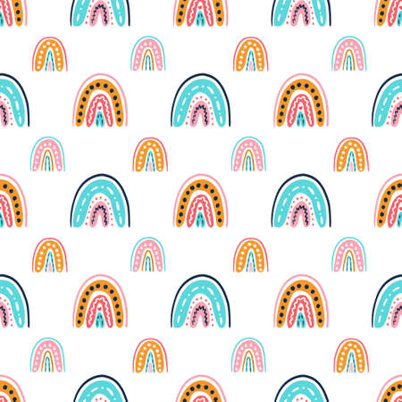 Colorful rainbows in doodle style, vector seamless pattern.のイラスト素材