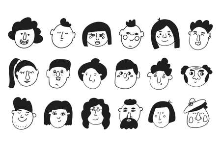 Set of characters faces in doodle style, vector illustration.のイラスト素材