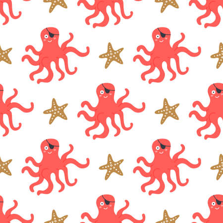 Octopus with pirate armband and starfish, vector seamless pattern in flat cartoon styleのイラスト素材