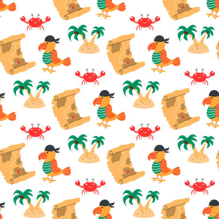 Parrot with pirate map among palm trees, vector seamless pattern in flat cartoon styleのイラスト素材