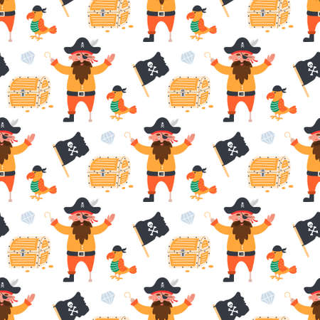 Pirate with parrot and treasure, vector seamless patternのイラスト素材