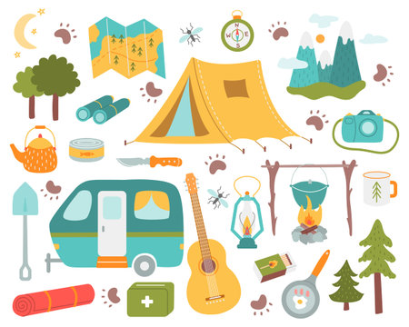 Hiking bundle set. Tent, trailer, campfire, compass. Vector illustration in flat styleのイラスト素材