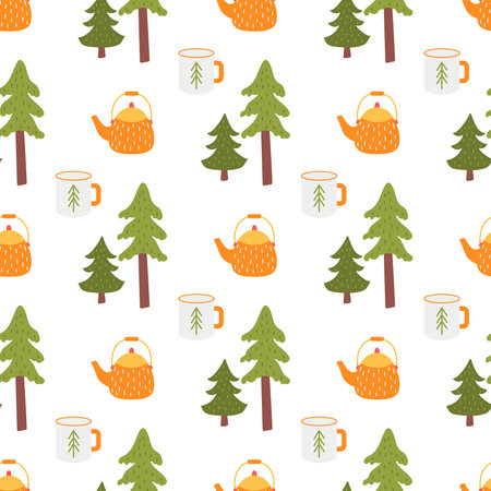 Camping teapot with mug among the trees, vector seamless pattern in flat styleのイラスト素材