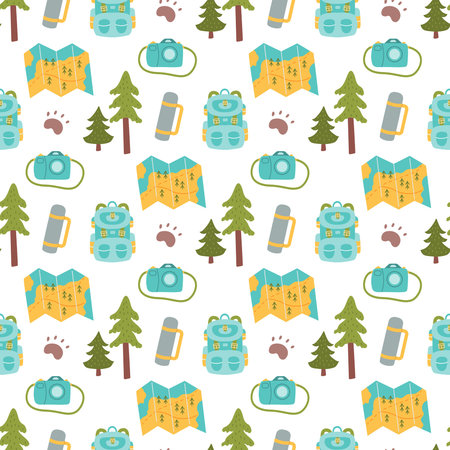Hiking backpack with map, camera and flask in the forest, vector seamless pattern in flat styleのイラスト素材