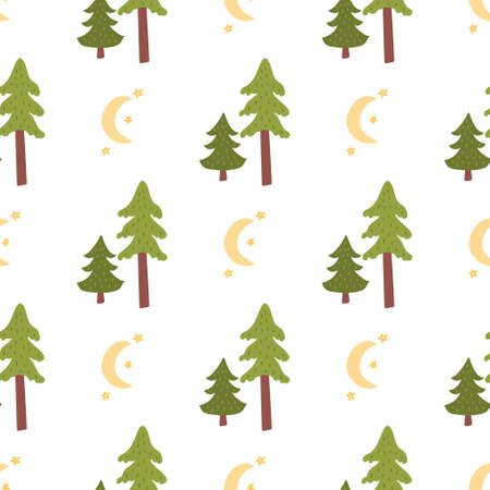 Spruce and moon with stars, vector seamless pattern in flat styleのイラスト素材