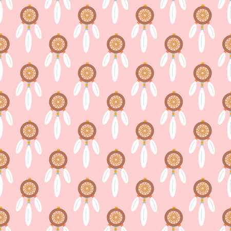 Dreamcatcher on pink background, vector seamless pattern in flat styleのイラスト素材