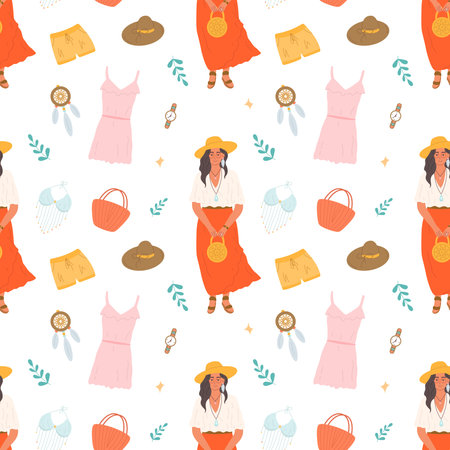 Set boho outfits clothes, girl in skirt with hat and handbag, pink dress, shorts, top, watch, dreamcatcher, vector seamless pattern flat styleのイラスト素材