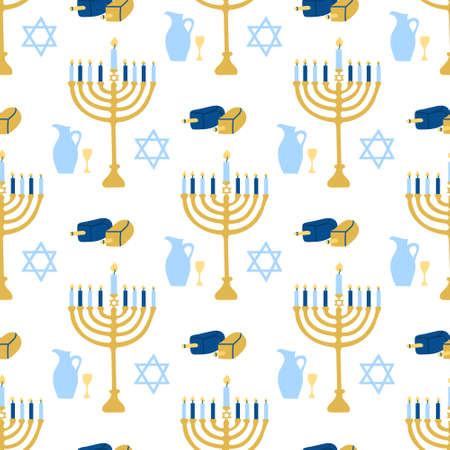 Happy Hanukkah, the Jewish festival of lights. Menorah candle holder with lighted candles. Vector seamless pattern on white background.のイラスト素材