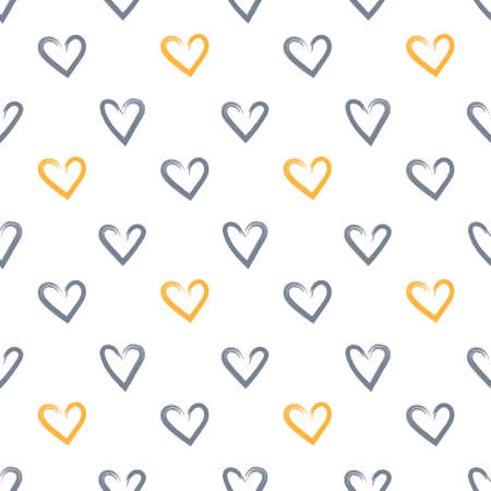 Gray and yellow hearts painted with brush on white background, vector seamless patternのイラスト素材