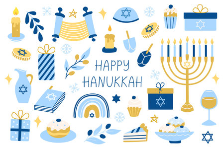 Hanukkah set. Collection of vector colorful flat Hanukkah symbols with menorah, coins, donuts.のイラスト素材