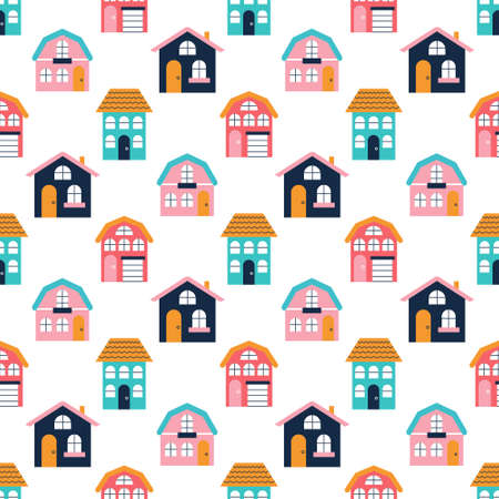 Colorful cartoon houses, vector seamless pattern.のイラスト素材